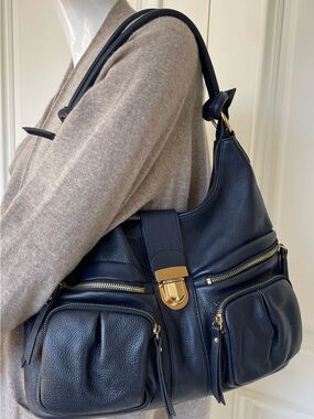 Robert Dice Navy Blue Pebbled Leather Hobo Shoulder Bag Gold Hardware & Pockets
